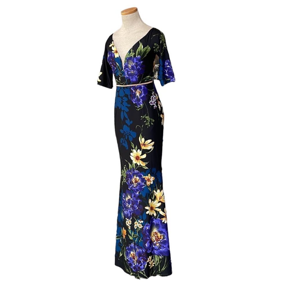 Soiéblu NWT Mermaid Gown V Neck Short Sleeve Dress Black Violet Size Small S - Picture 3 of 17